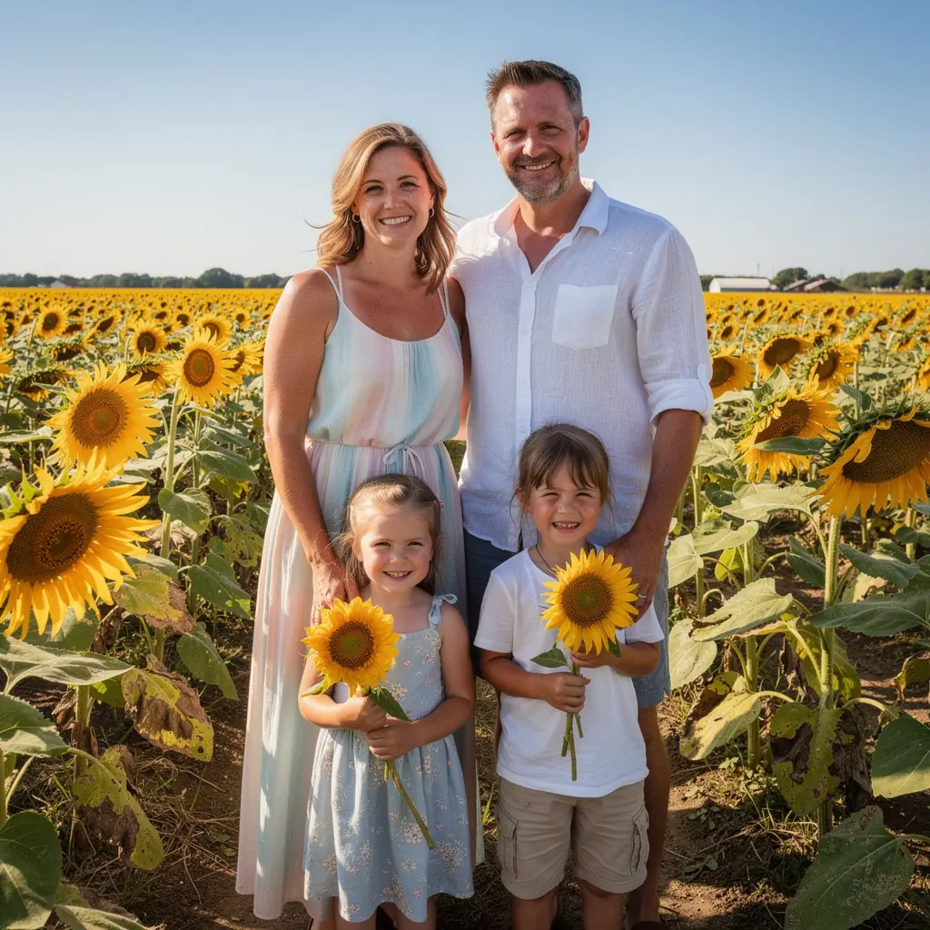 Семья, наслаждающаяся свежими продуктами на обеденном столе, окруженном сельским пейзажем.