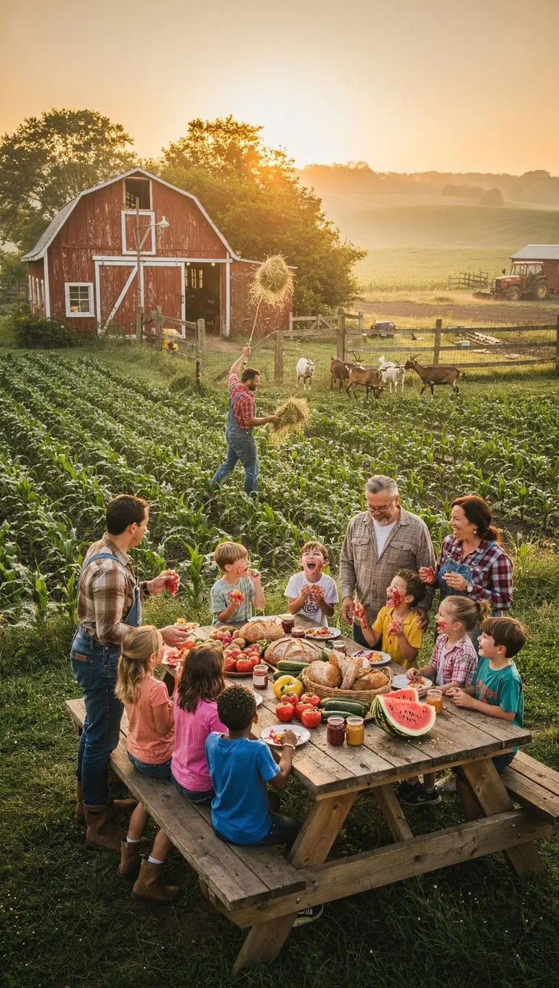 Группа туристов, наслаждающихся свежими продуктами на традиционном фермерском обеде под открытым небом.