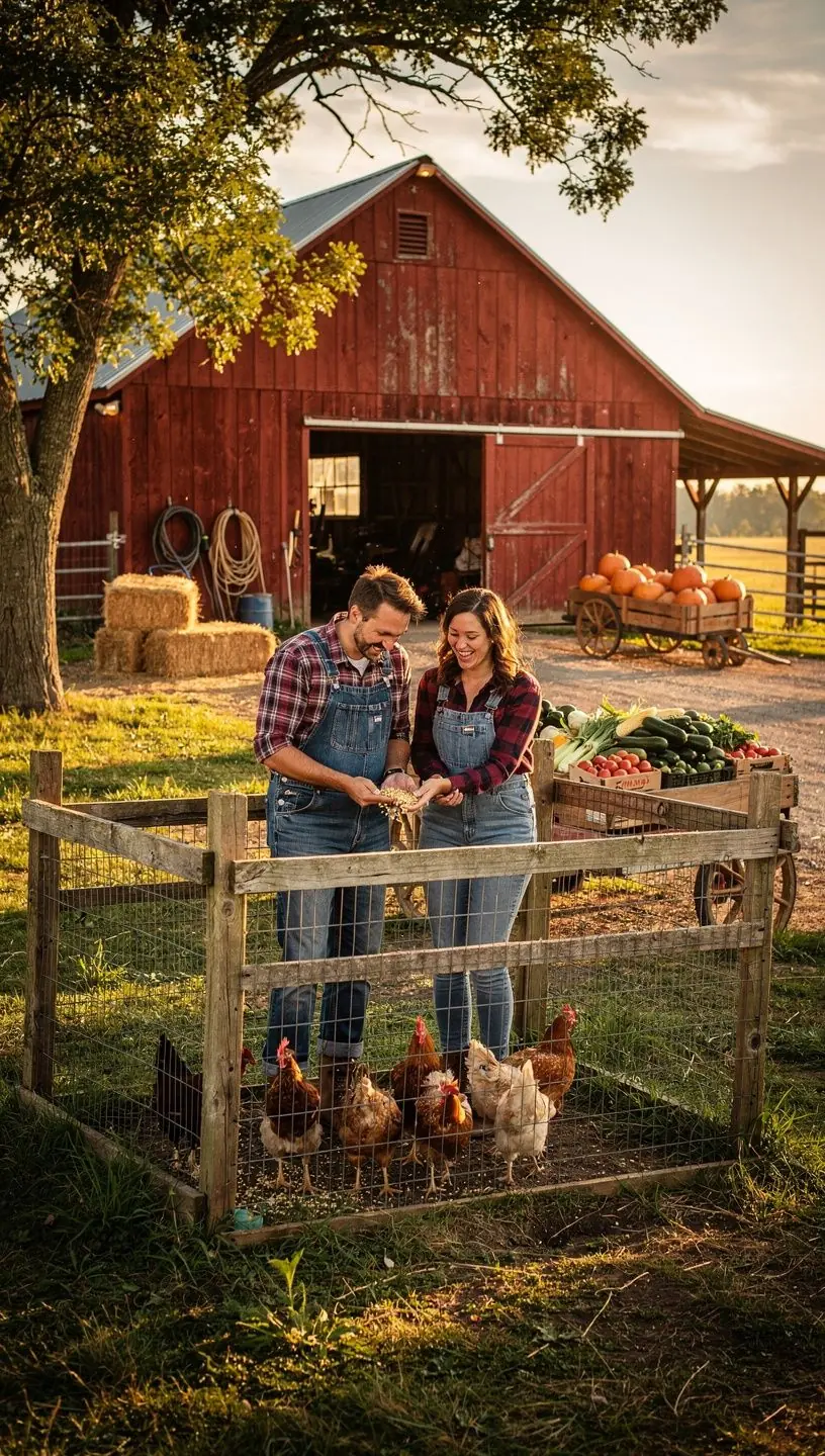 Старинный амбар на фоне зеленых полей с коровами, пасущимися в лучах солнца.