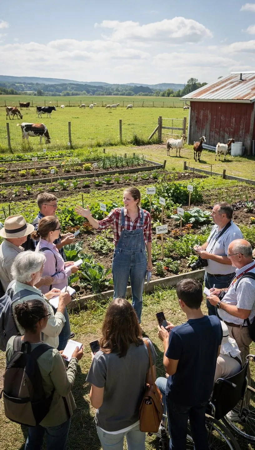 Сцена фермерского двора с коровами и зелеными полями на фоне заката.