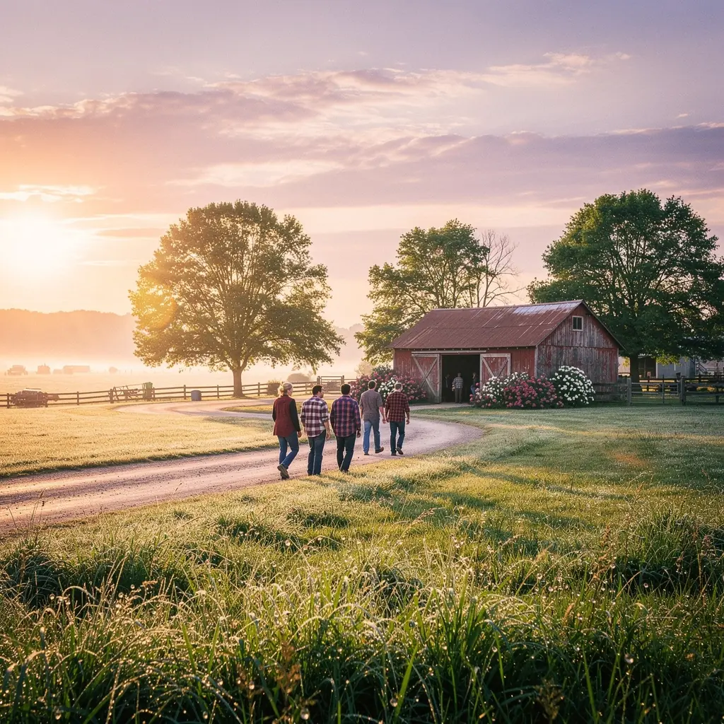 Фермерский дом на фоне зеленых полей с яркими цветами и животными на пастбище.