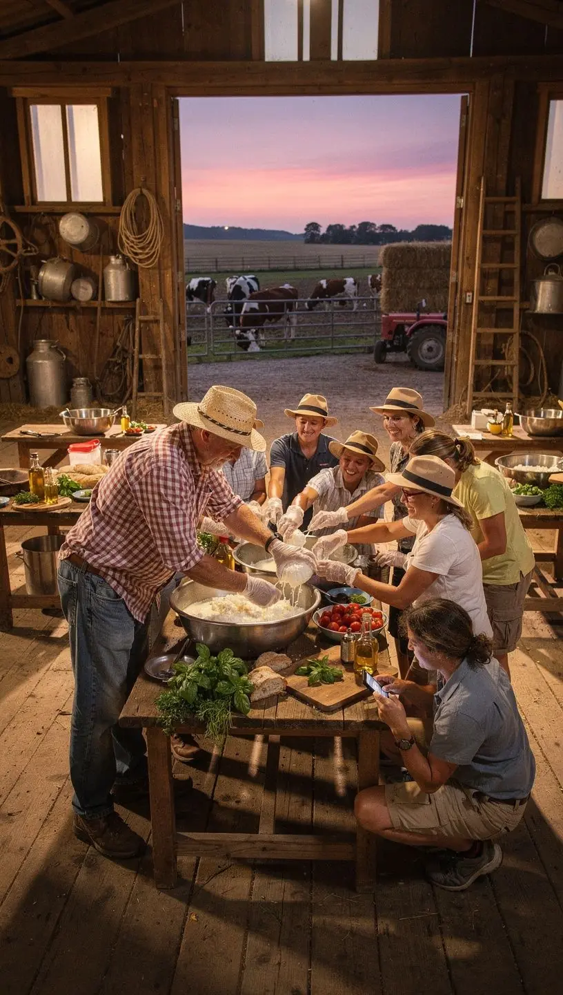 Дети, играющие на ферме, с улыбками на лицах, окружающими их домашними животными и природой.