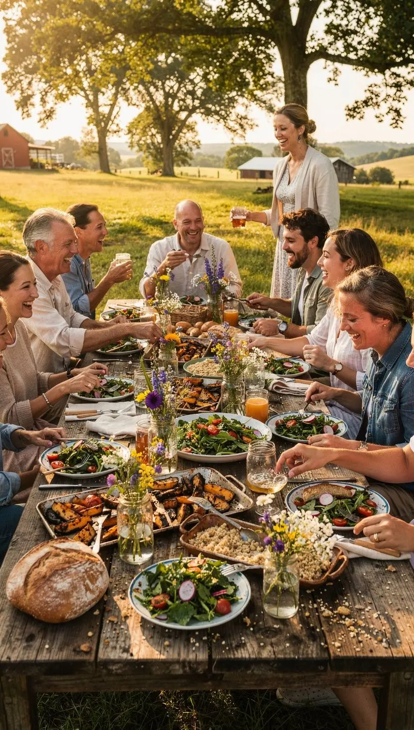 Семья, собирающая урожай овощей на ферме, улыбающаяся на фоне ярких растений.